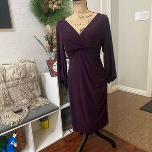 Anne Klein Purple Sheath Dress with V-Neck and Bishop Sleeves